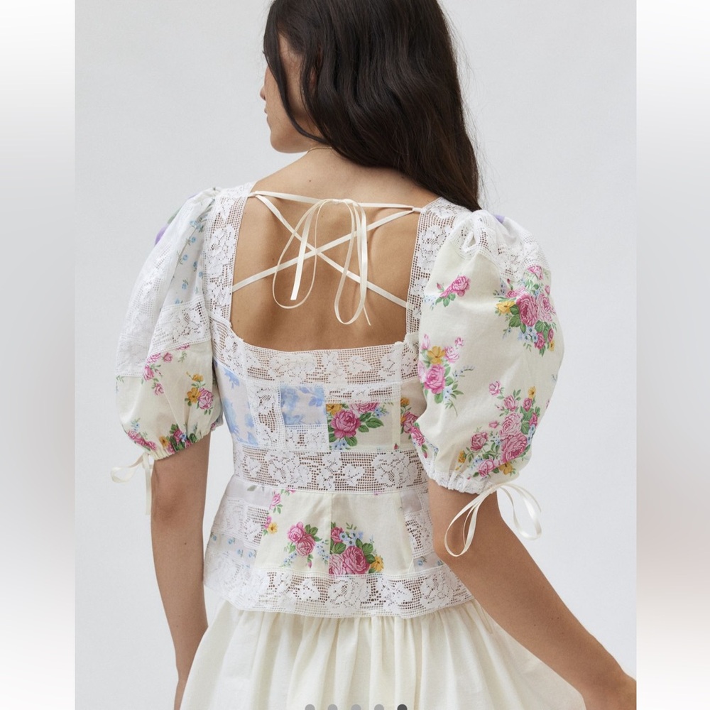 For Love & Lemons - Patchwork Violette Top Floral Lace-Up Puff Sleeve - Picture 7 of 8